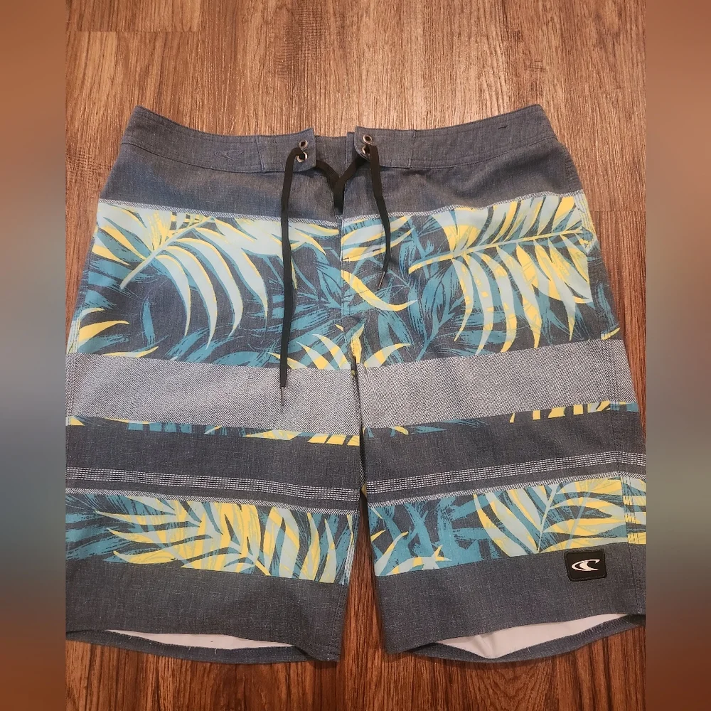 Oneil Gray and Yellow Leaf Print Board Shorts